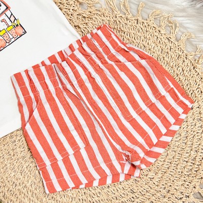 Conj. Blusa Lemonade Ice Cold e Short Listrado em Sarja - Off White